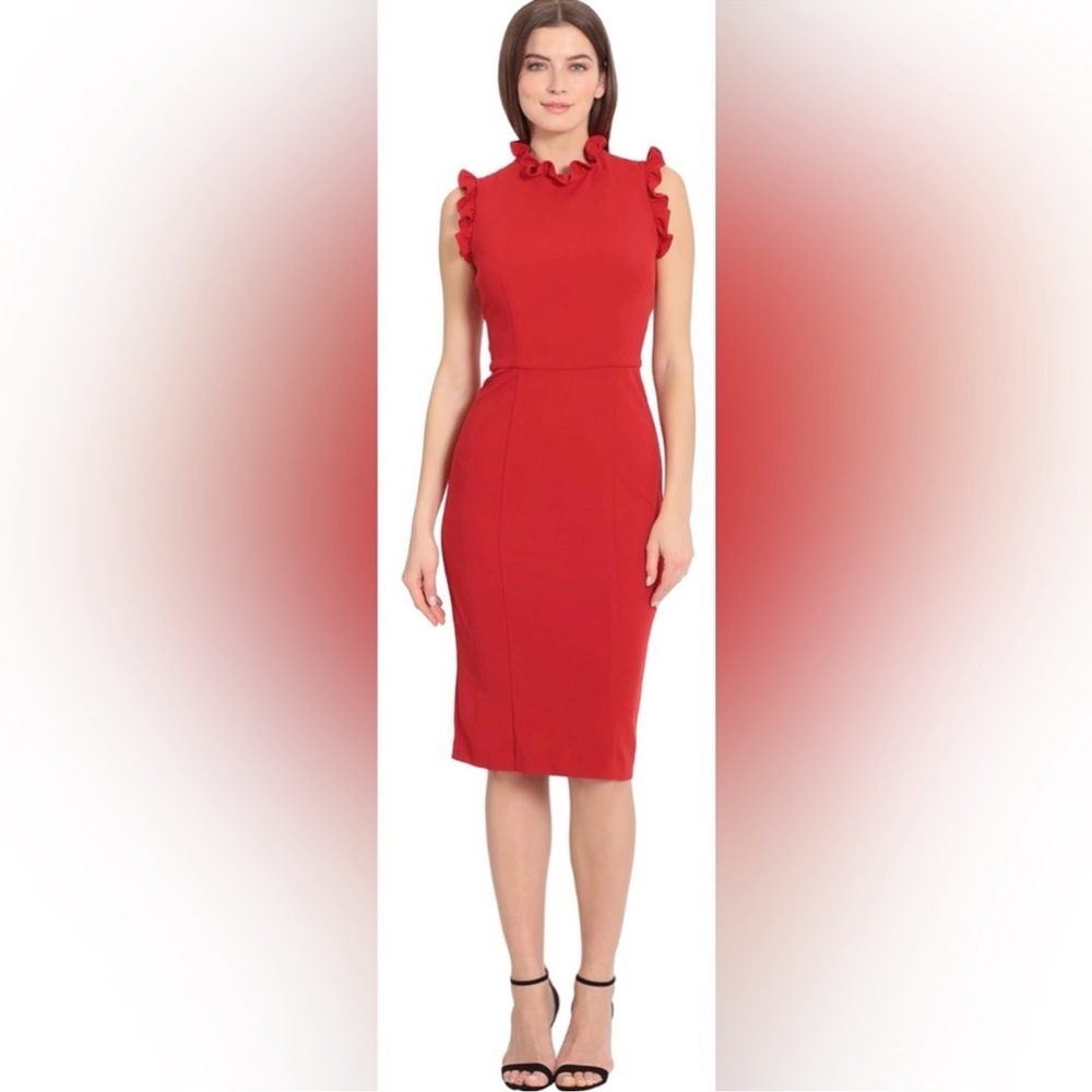 Maggy London Holiday Red stretchy sheath dress with Ruffle Sleeves sz 10 EUC